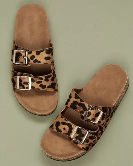 Twin Buckles Cork Footbed Leopard Slides