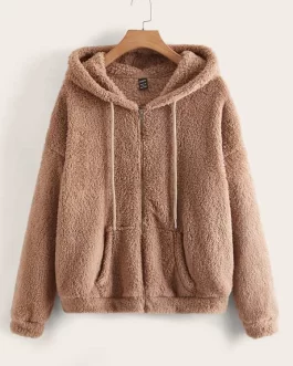 Drop Shoulder Drawstring Hooded Teddy Jacket