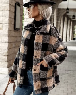 Buffalo Plaid Pattern Dual Pocket Drop Shoulder Flannel Coat