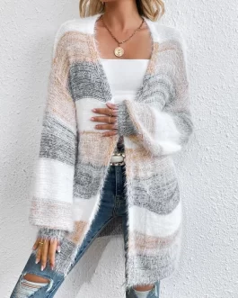 Colorblock Drop Shoulder Open Front Fluffy Knit Cardigan