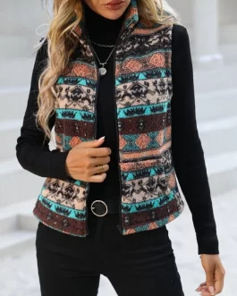 Geo Pattern Zip Up Fleece Vest Jacket