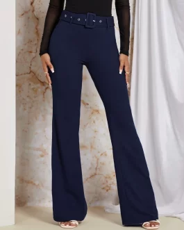 Felegant Solid Flare Leg Belted Pants