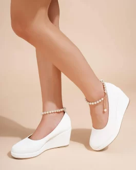 Faux Pearl Decor Ankle Strap Wedge Shoes