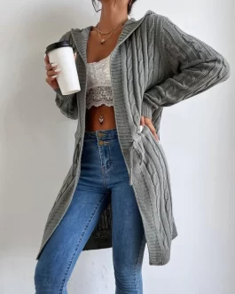 Cable Knit Drawstring Hooded Cardigan