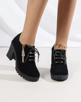 Side Zip Lace-up Front Chunky Heeled Oxford Shoes