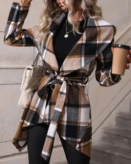 Plaid Waterfall Collar Asymmetrical Hem Belted Coat