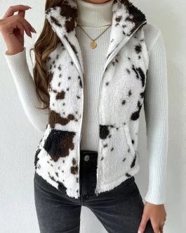 Cow Print Teddy Vest Jacket