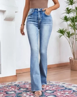 High Waist Split Raw Hem Flare Leg Jeans